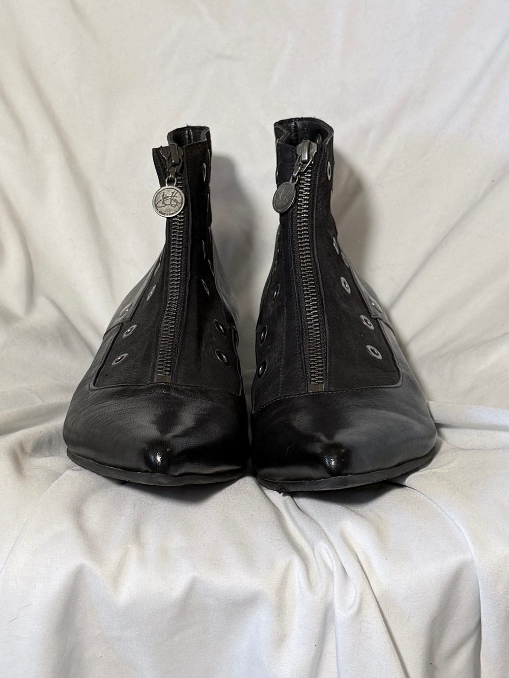 John Fluevog Black Perforated Grommet Front-Zip Ankle Boots - Picture 2 of 6